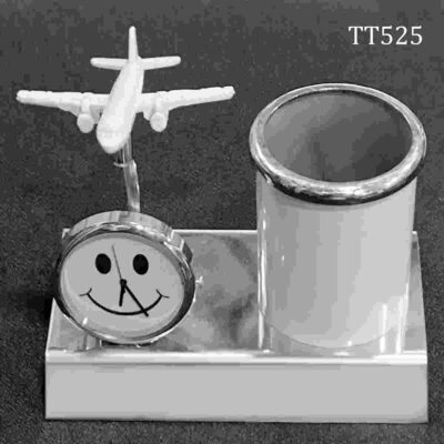 Pen Stand with Watch & Aircraft (White)